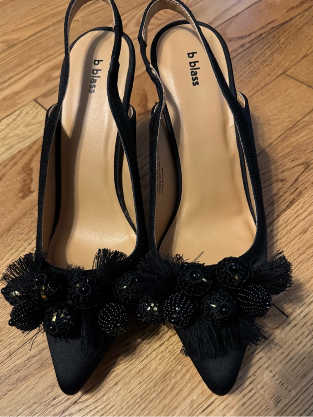 B.Blass Black satin  Sling back heels with black  gold pompom tassel size 8 1/2